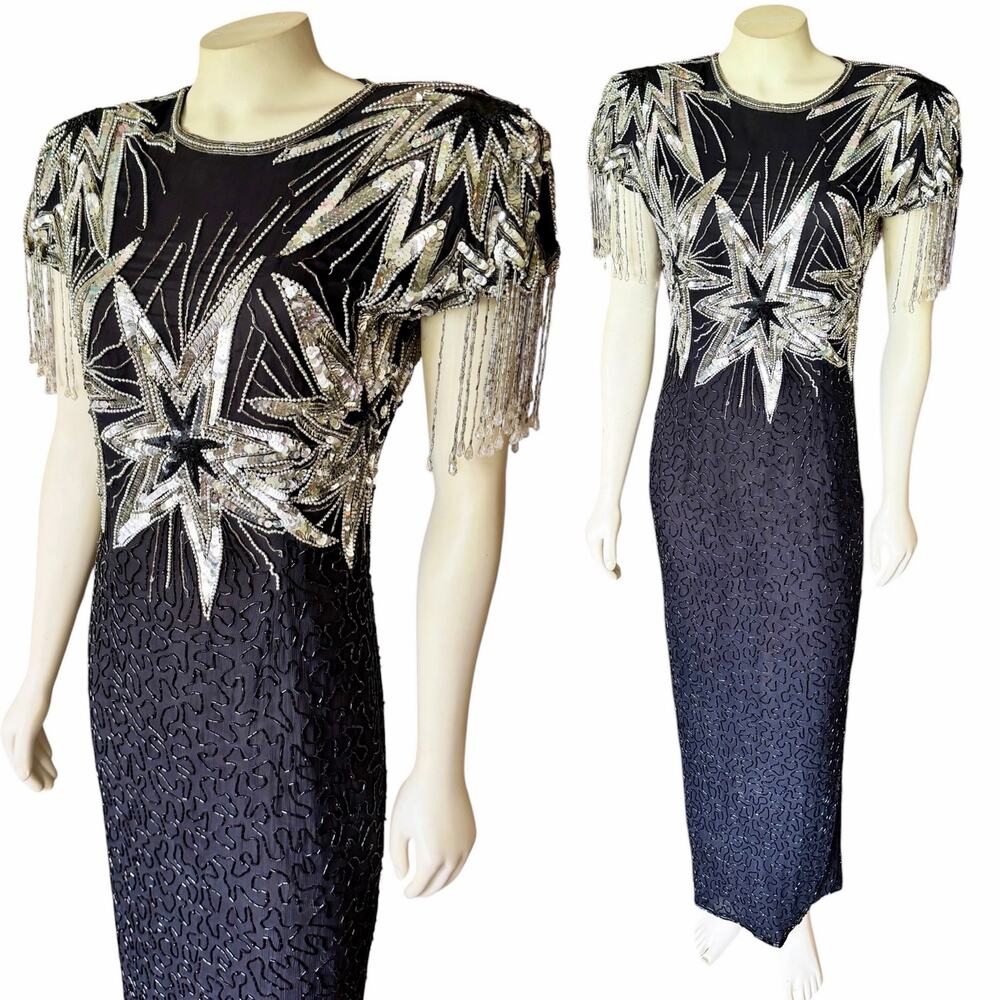 Laurence Kazar Vintage Black Silver Star Beaded Sequin Tassel Silk Gown Small